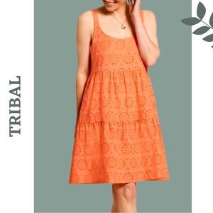 Tribal Eyelet Tiered Sundress Lined Mini Dress Orange Size Small